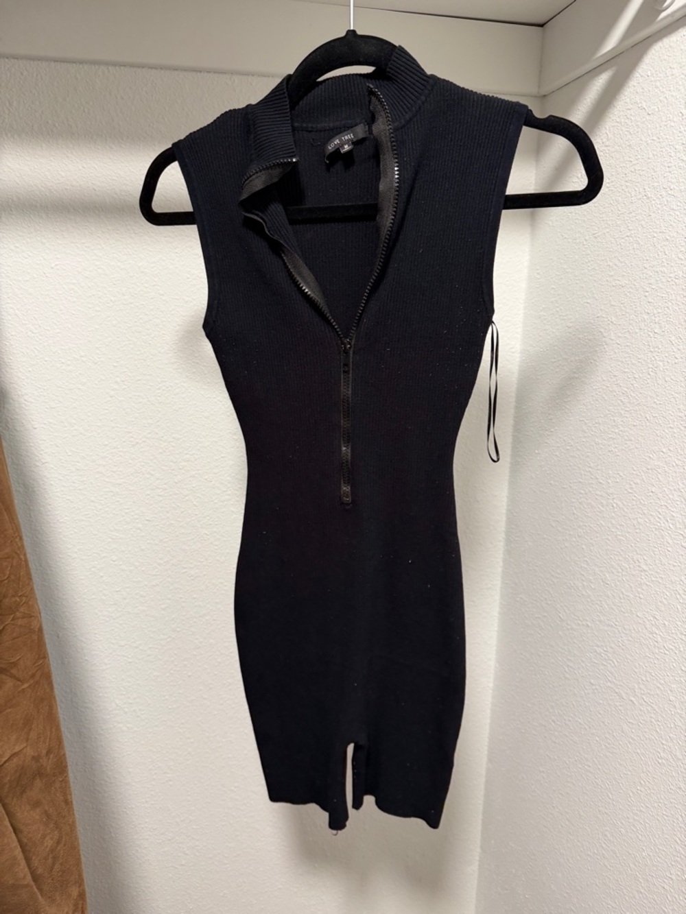 Love Tree Black Ribbed Zip-Front Mini Dress